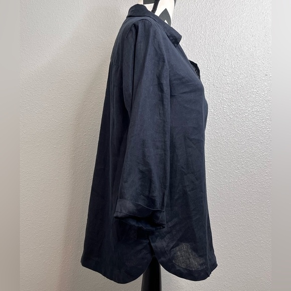 Isaac Mizrahi 100% Linen Black Minimalist Contemporary 3/4 Sleeve Tunic Top - Picture 9 of 14